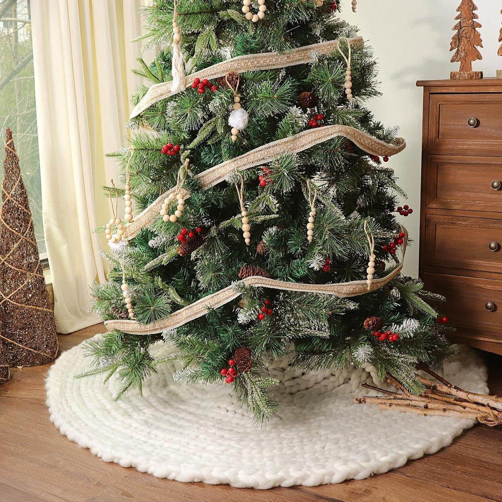 48 inch Christmas Tree Skirt: Chunky Knit Tree Skirt for 7.5ft Tree, Crochet Cream White Tree Skirt, Vintage Tree