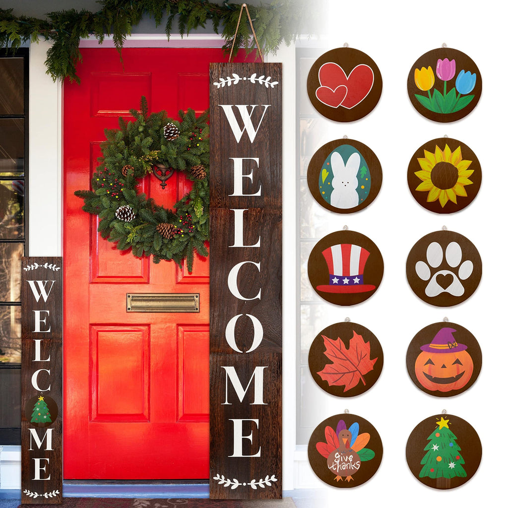 Welcome Sign for Front Porch Standing, Interchangeable Welcome Standing Sign with 5 Designed DoubleSided Icons for