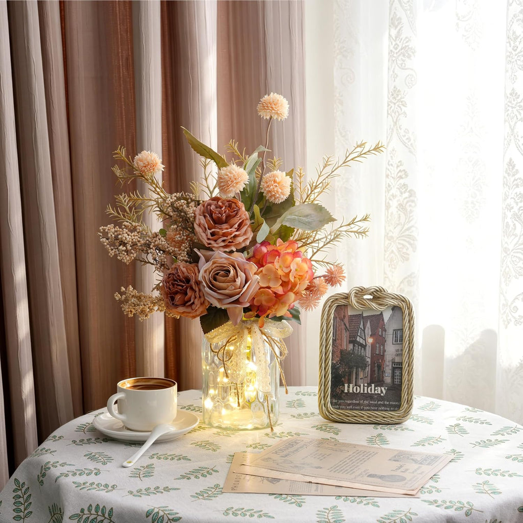 Artificial Fall Flowers with Vase & Lights - Faux Autumn Hydrangea & Rose