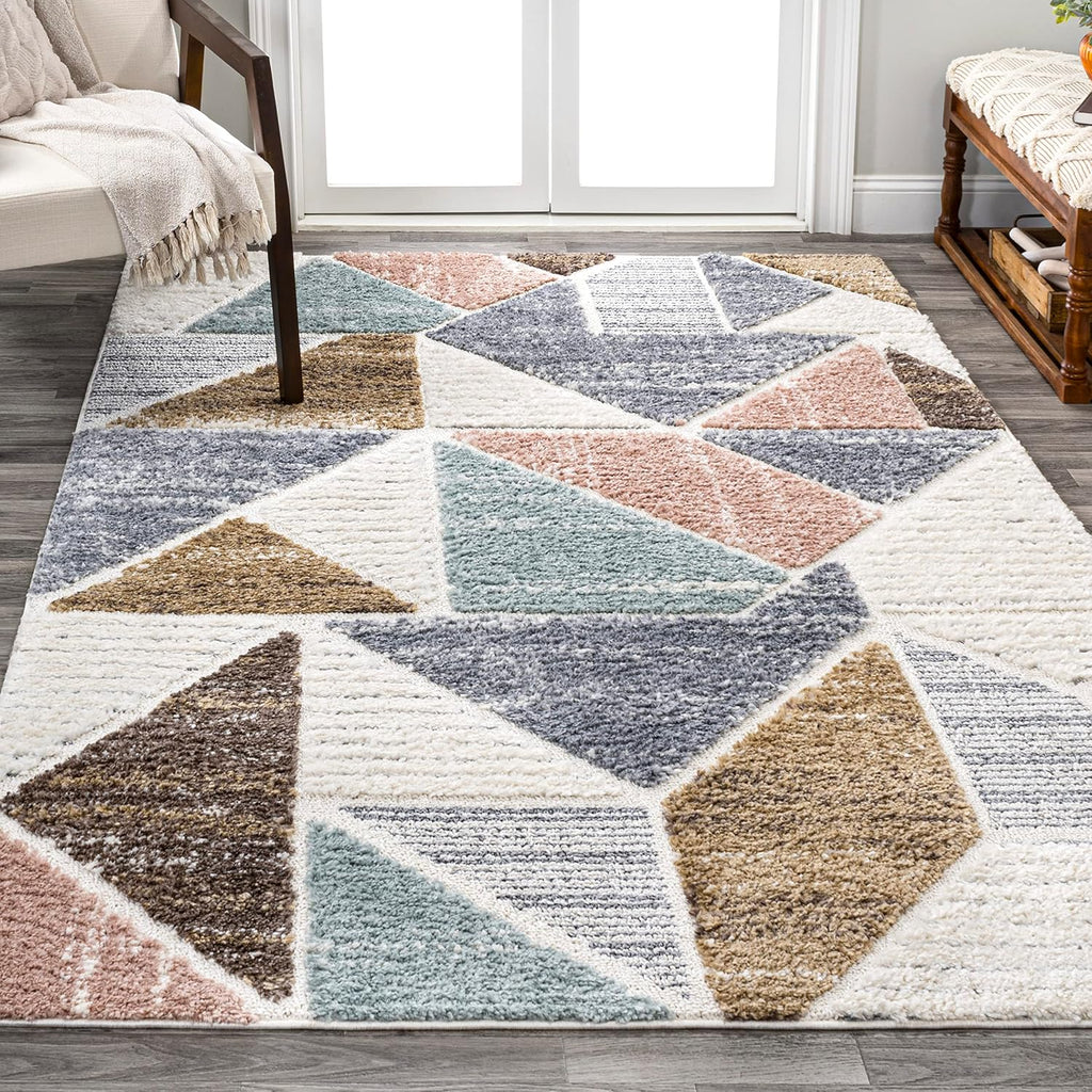 Colorblock Carved High-Low Multi Indoor Area Rug 3X5 ft, Aileen Geometric Scandi, Easy-Cleaning, High Traffic