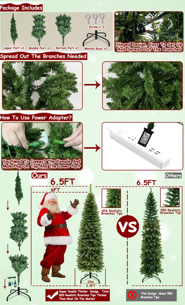 Dual Color Change 6.5 Ft Prelit Pencil Christmas Tree 8 Modes Timer Warm White & Multicolor Lights 826 Thick Branch