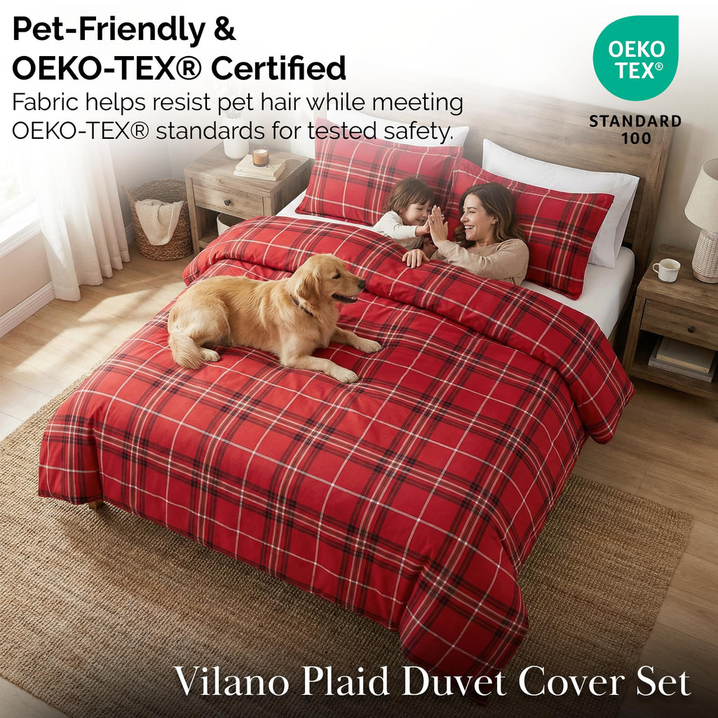 Plaid Duvet Cover Set Easy Care Hotel Quality Red