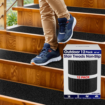 Outdoor Stair Treads Non Slip - 30" x 6" - 12-Pack Waterproof 80-Grit Grip Strips for Wooden Steps - Anti Slip & Anti