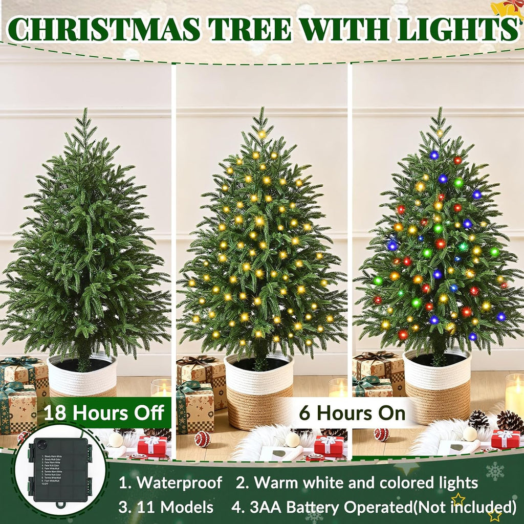 3FT 2PCS Small Christmas Tree with Lights, Pre-Lit Norfolk Pine Tree Potted