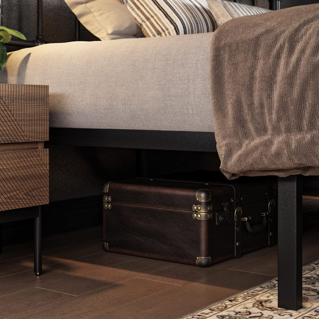 Queen Metal Platform Bed Frame with Victorian Style Wrought Iron-Art Headboard/Footboard, No Box Spring Required, Black