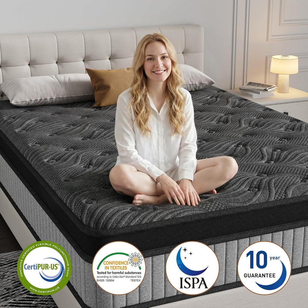 Queen Size 12 Inch Hybrid Mattress in a Box. Medium Firm Black and Gray Fabric Cover with Pocket Spring and Memory