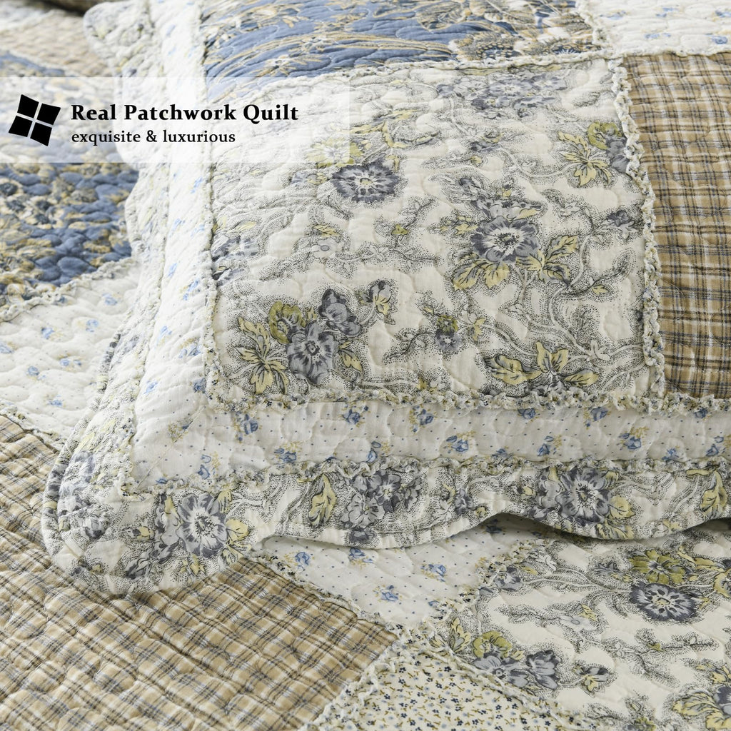 Quilt Set Reversible Country Farmhouse Floral Real Patchwork Quilted Bedspread 3-Piece Quilt Set with