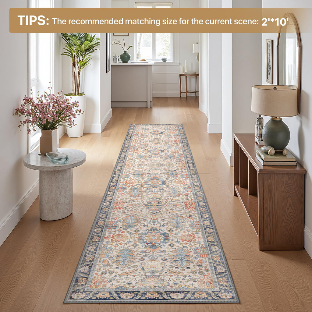 2x7 Hallway Runner Rug Non Slip, Washable Boho Tumble Cream Blue Rug