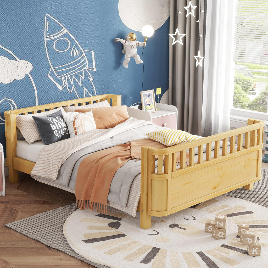 Full Size Wood Floor Bed, Montessori Platform Daybed Frame with Safety Rails & Low Profile, Space Saving U-Shaped