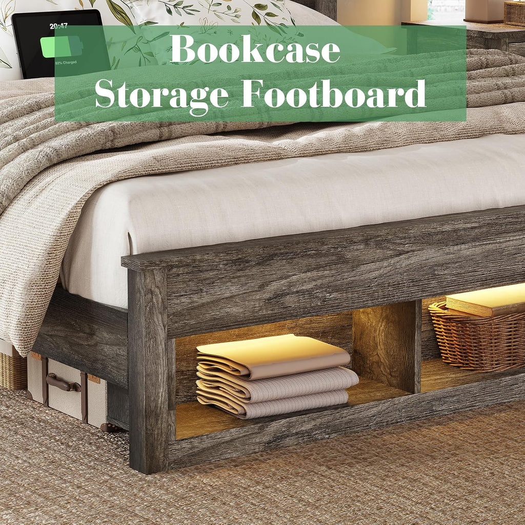 King Bed Frame with 47.2" Bookcase Storage Headboard & Footboard, Farmhouse Wooden Platform Bed with LED Light &