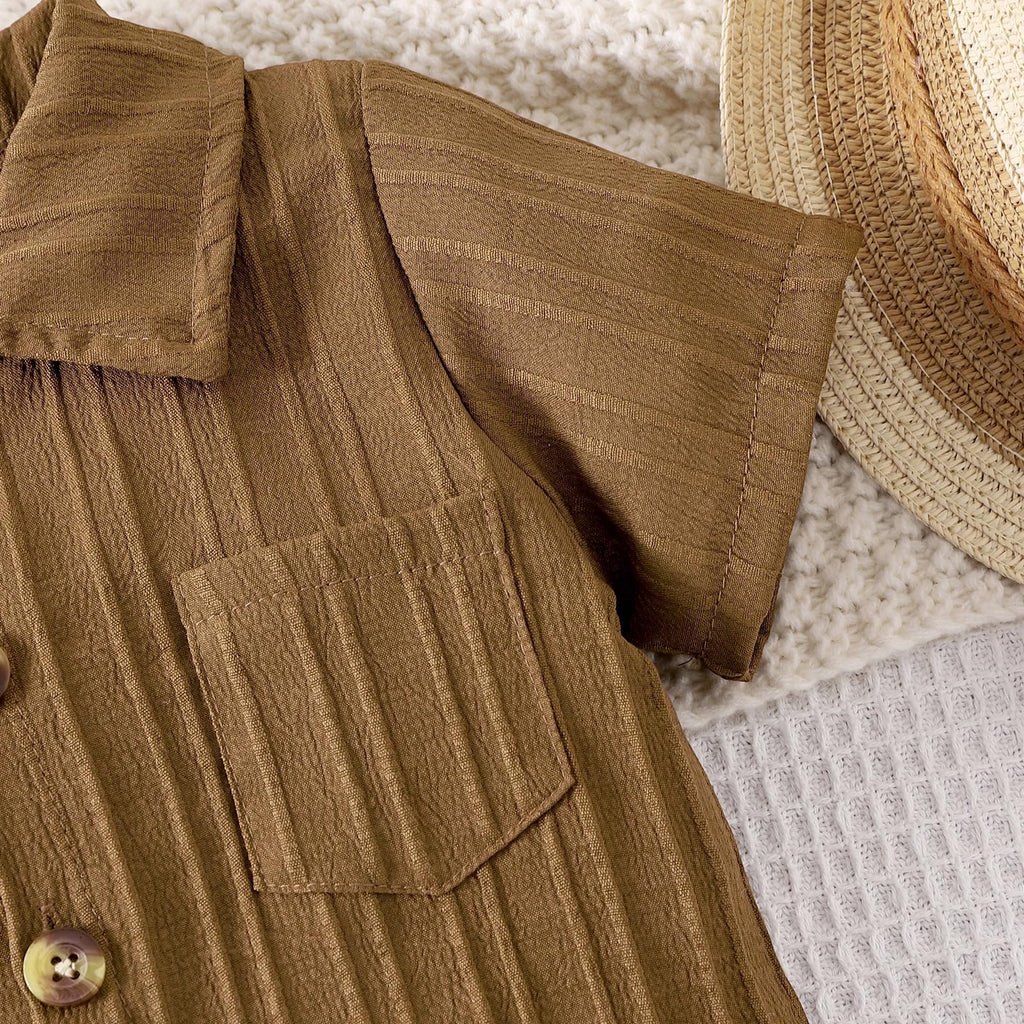 Toddler Boy Clothes Ribbed Button Shirt + Shorts 2pcs L-Brown