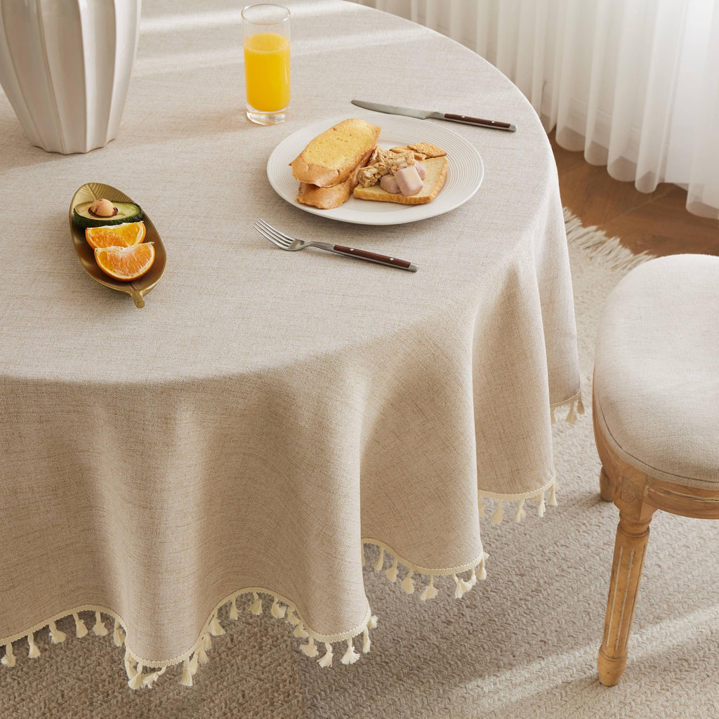 Tassel Linen Round Table Cloth, Natural 60 Inch