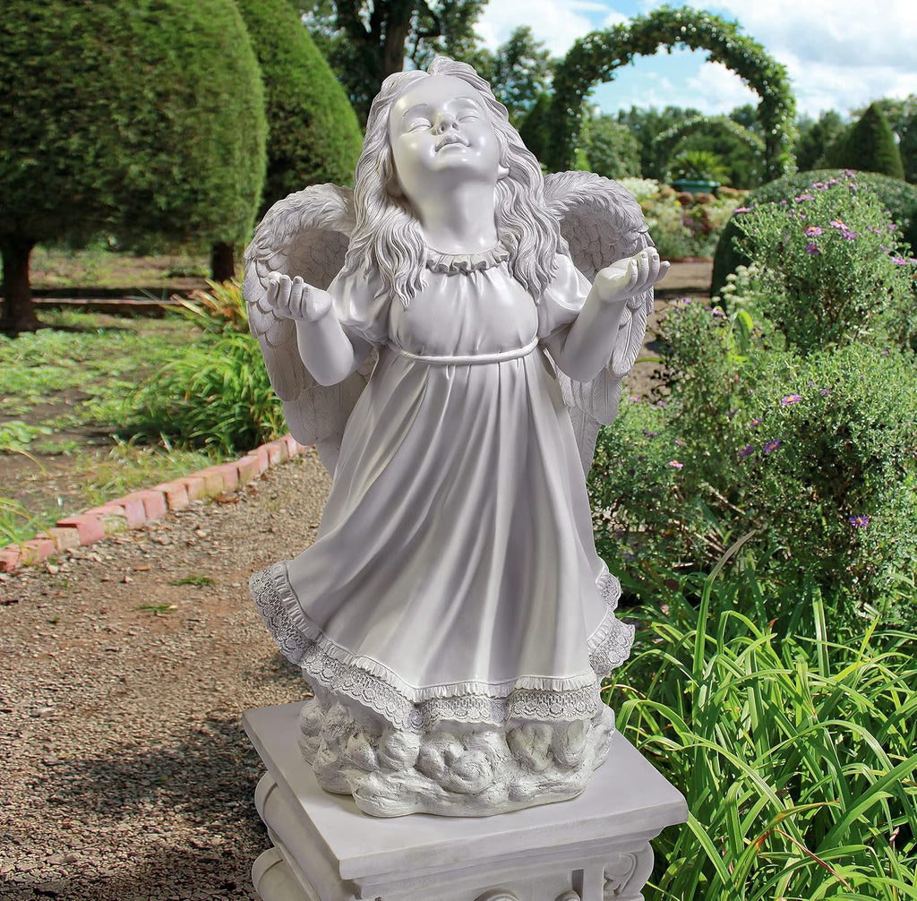 In Grace Girl Child Angel Memorial Indoor/Outdoor Garden Statue, 14 inches wide, 24 inches tall, Cast Stone Resin