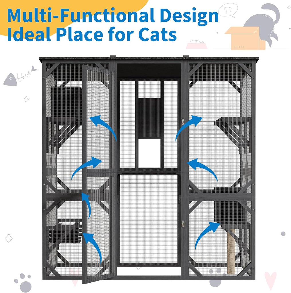 70'' Large Walk-in Catio, Outdoor Wood Cat Enclosure Window Access for Multiple Cats with Asphalt Roof, Feral Cat