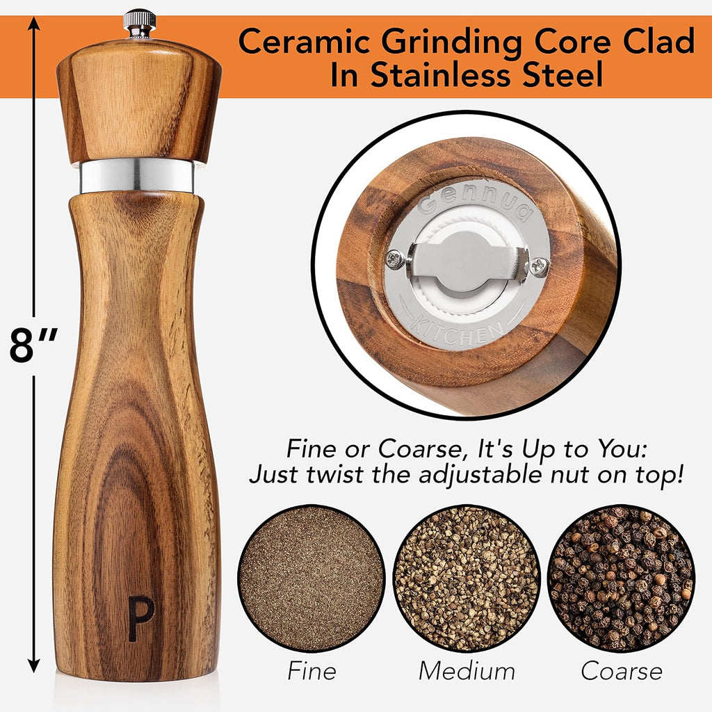 Wooden Salt and Pepper Grinder Set: Refillable Salt & Pepper Mills Adjust for Customized Coarseness, Crafted of Solid - Set of 2