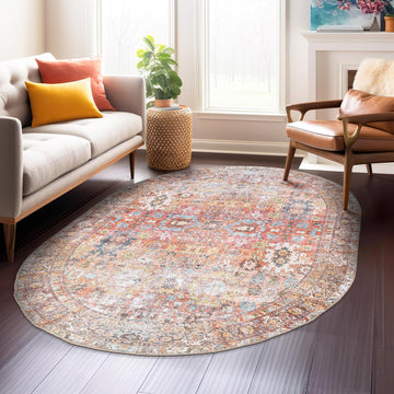 Machine Washable Distressed Transitional Oval Rug Multi 5' x 7'