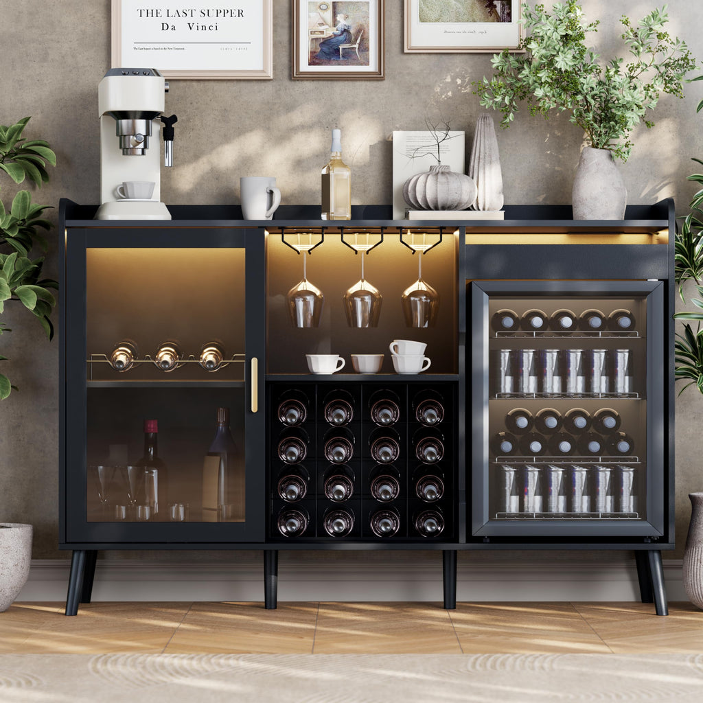 Coffee Bar Cabinet with Fridge Space, Black Wine Cabinets with Power Outlet