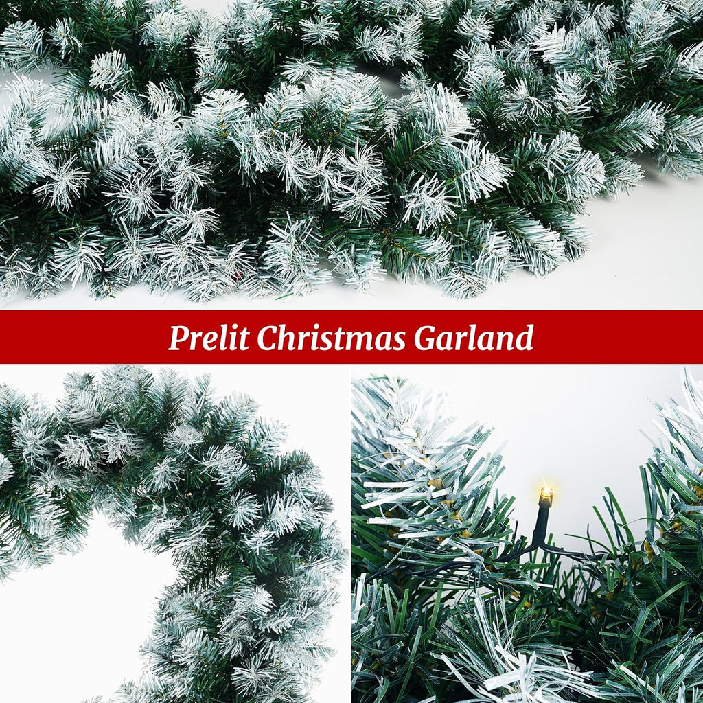 Christmas Garland with Light, 18 FT Chrismas Garland with 100 Lights and 520 Frosted Tips for Mantle, Staircase