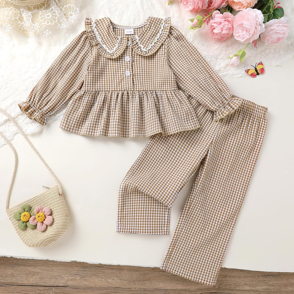 Toddler Girl Clothes Baby Fall Winter Outfits Gingham Shirt Plaid Pants Set