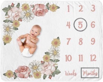 Vintage Floral Boho Girl Milestone Blanket Monthly Newborn First Year Growth Mat Baby Shower Memory Keepsake Gift