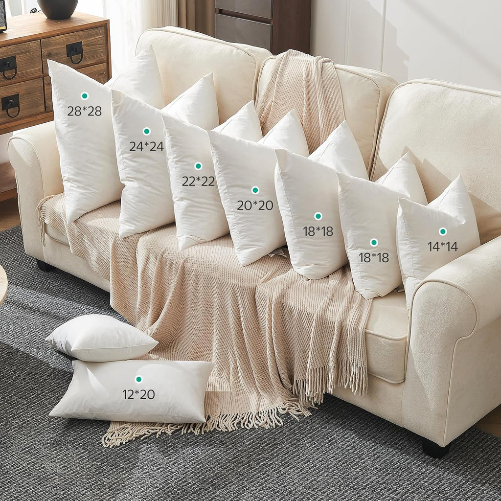 Down Feather Throw Pillow Inserts, 22x22 Pillows with Organic Cotton Cover, Soft Square Decorative Pillows - Set of 2
