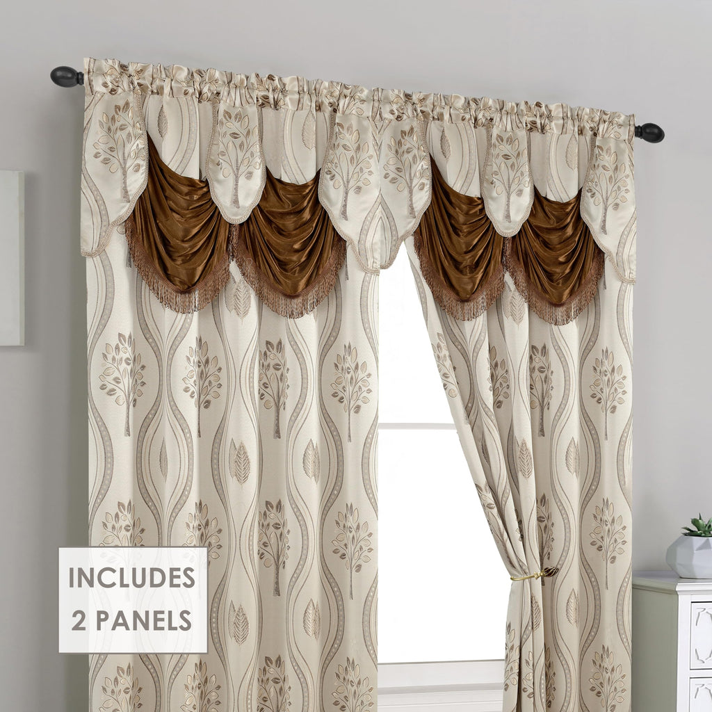 Luxurious Beautiful Curtain Panel Set with Attached Valance and Backing 54" X 84 inch (Set of 2), Beige, Ella 2PC
