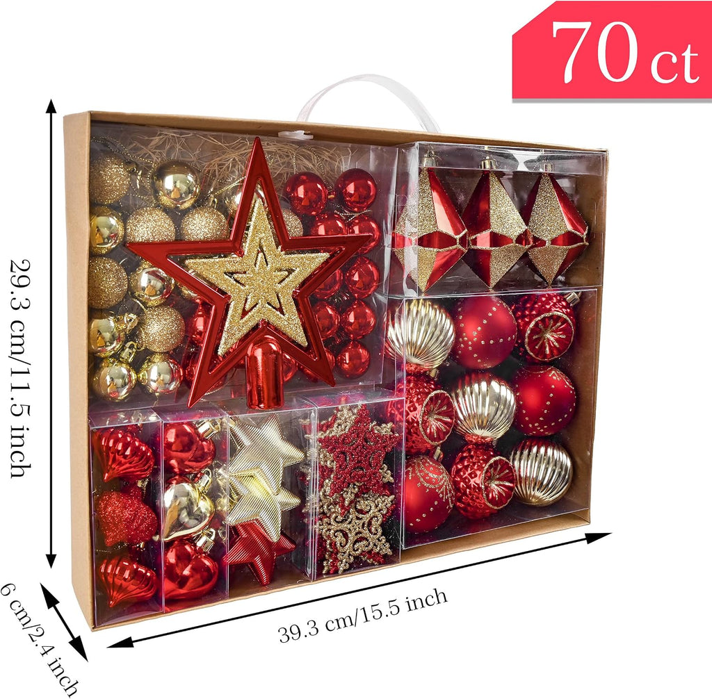 Ornaments for Christmas Trees, 70ct Red and Gold Shatterproof Christmas Tree Decorations, Luxury Hanging Ball