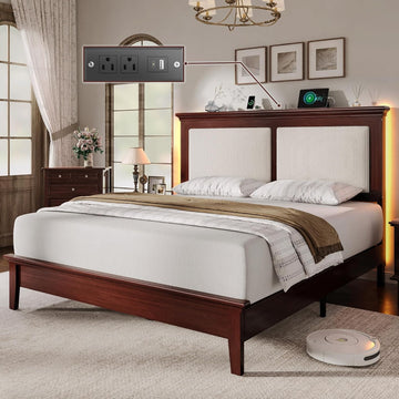 Queen Bed Frame with Headboard, Solid Wood Bed Frame Queen with Charging Station & RGB LED, Wood Slats Support