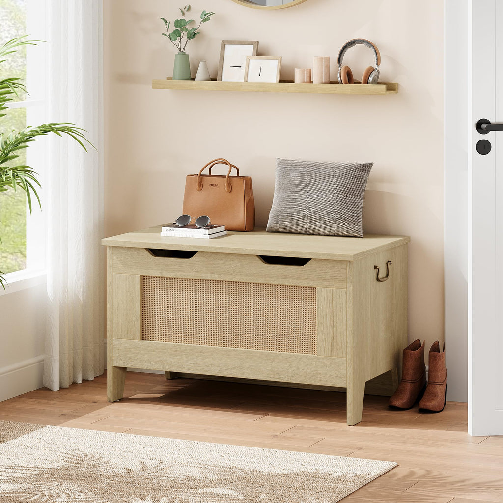 Farmhouse Storage Bench, 30" Wooden Storage Chest with Safety Hinge
