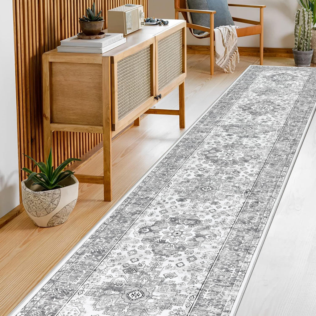 Hallway Runner Rug 2'6'' x 14', Washable Kitchen Runner, Vintage Grey