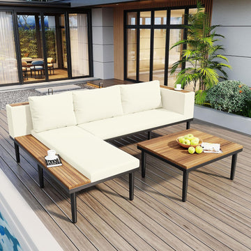 Luxury 4-Piece L-Shaped Outdoor Patio Sofa Set with Acacia Wood Side & Coffee Table, Removable Cushions & Pillows