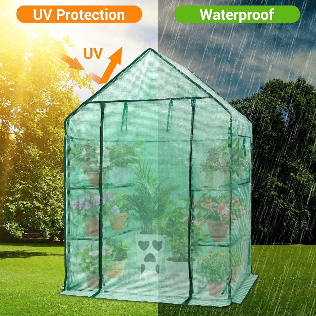 Greenhouse for Outdoors with Mesh Side Windows, 3 Tiers 4 Shelves Small Walk-In Green House Plant Stands Plastic PE