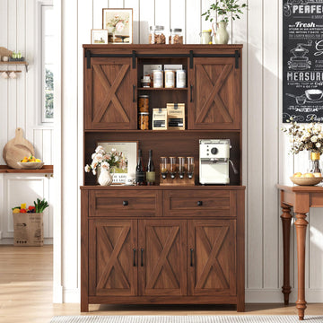 67.7" Pantry Storage Cabinet with 2 Drawers, Farmhouse Kitchen Hutch, Walnut