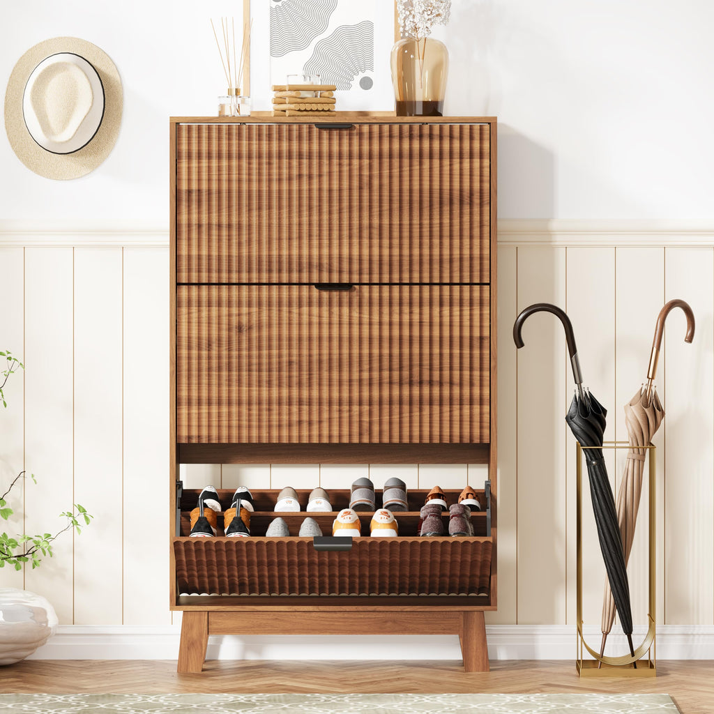 Shoe Cabinet Storage with 3 Flip Drawers, Fluted Narrow Shoe Organizer with Wooden Legs, Freestanding Slim Shoe