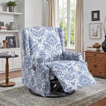 Floral Wingback Swivel Rocker Recliner Chair, Navy Blue, Set of 1