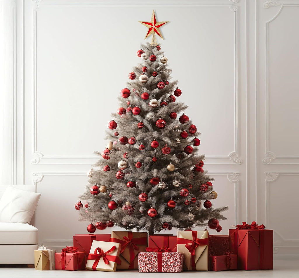 10 inch Large Filigree Red Velvet+Gold Glittered Christmas Star Tree Topper Star for Large Tree 6 feet-8 feet