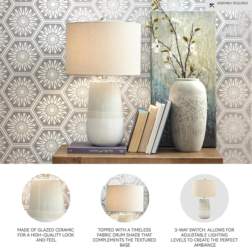 Signature Design by Ashley Shavon Contemporary 27" Textured Neutral Glaze Table Lamp, Beige & White
