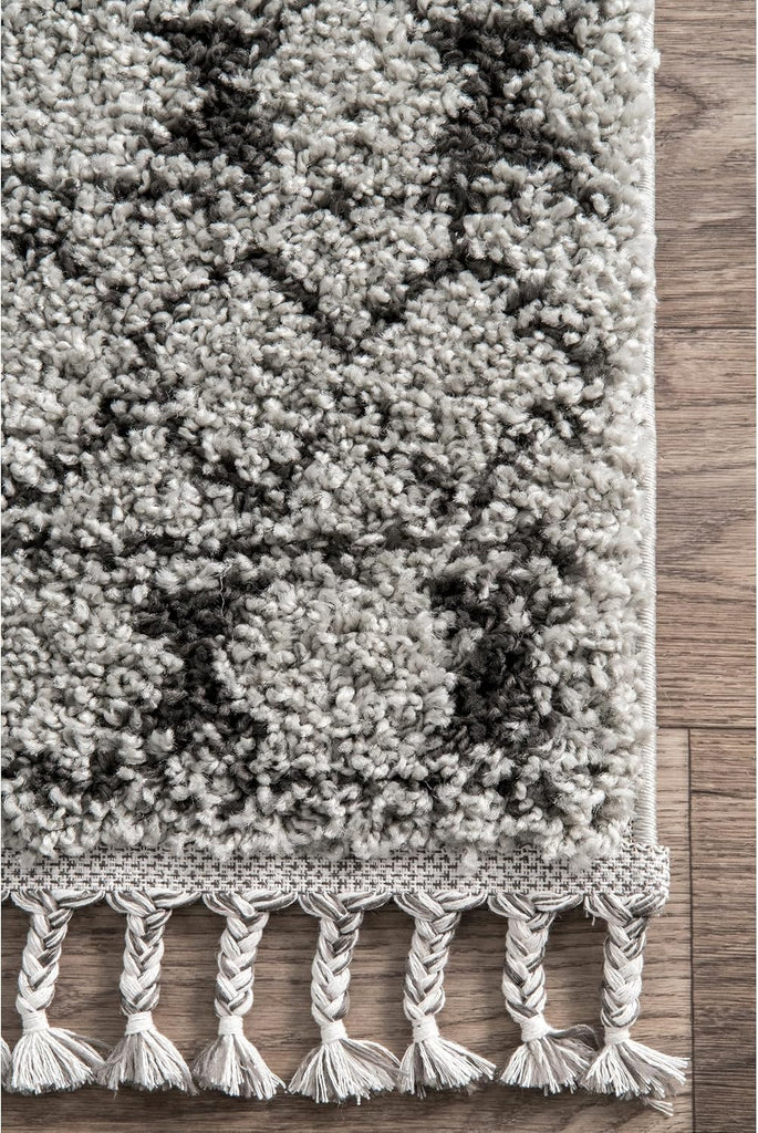 Vasiliki Grey/Ivory, 4' Square, Moroccan Shag, Tassel, Soft and Plush, High Traffic, Stain Resistant, Easy Clean