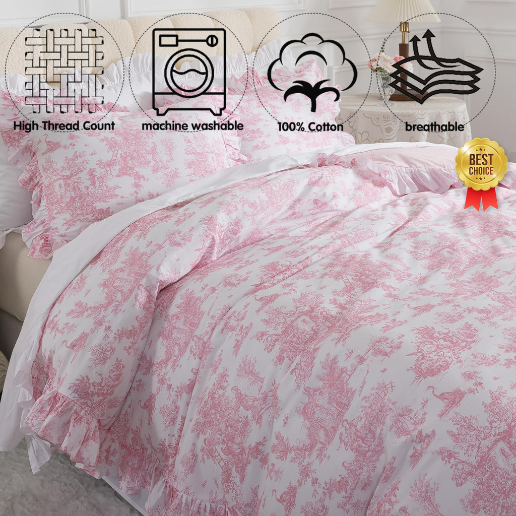 French Country Toile Duvet Cover Set Organic Cotton Farmhouse Bedding Set Pink Pastoral Pattern Breathable