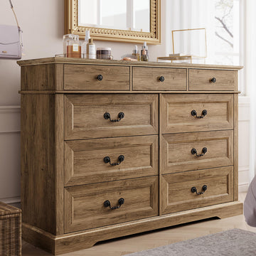 Dresser, 9 Drawer Wood Farmhouse Chest, Tall Vintage Dressers with Deep Storage Drawers, Wide Large Dresser, Accent