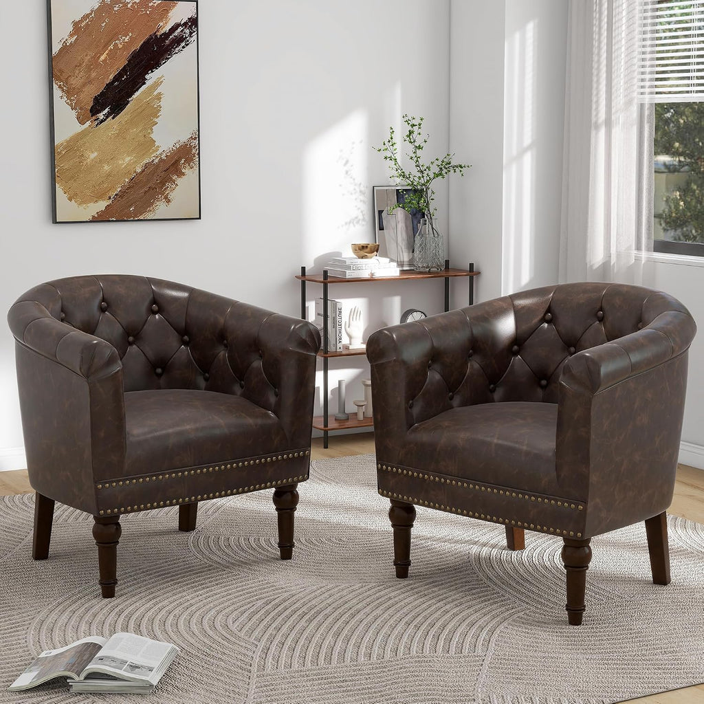 Faux Leather Barrel Accent Chair, Comfy Club Armchair with Solid Wood Legs, Upholstered Single Sofa Chair