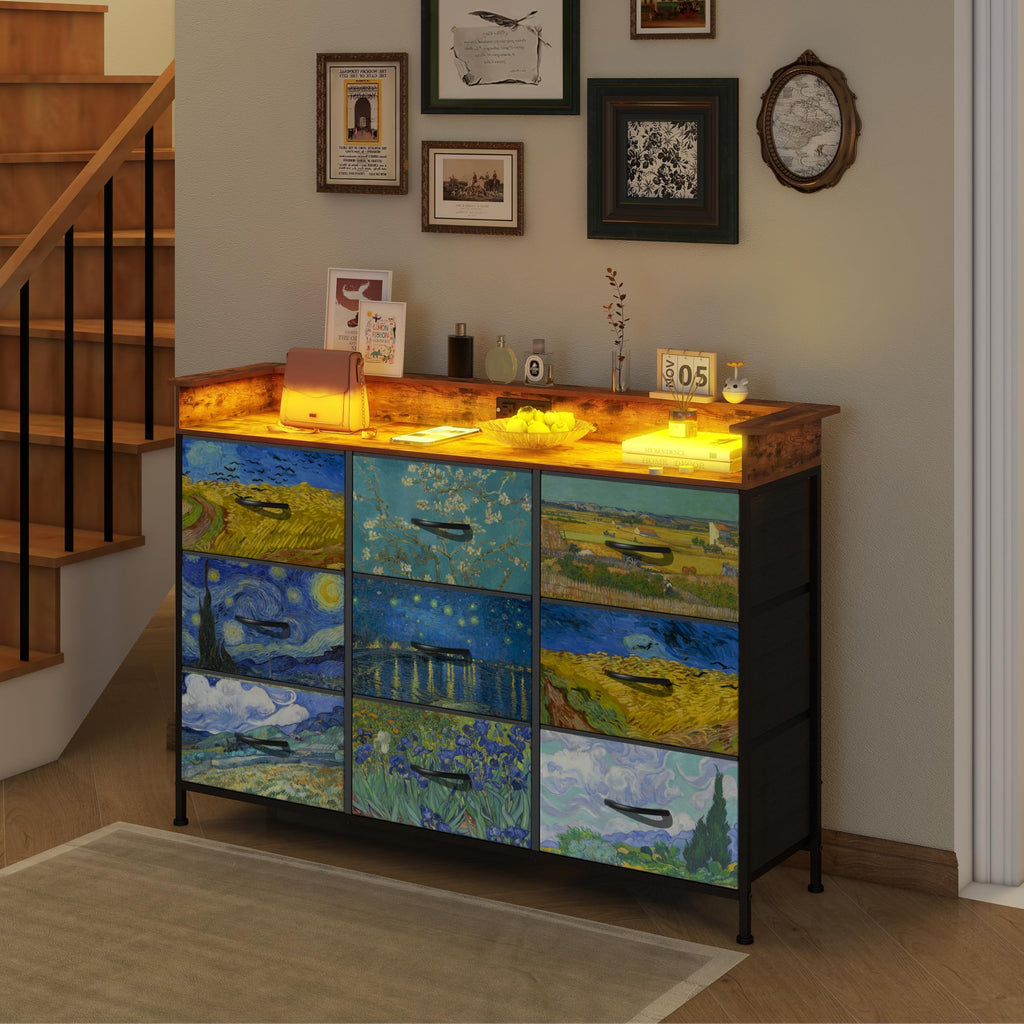Dresser Van Gogh Dressers with 9 Drawers Chest of Drawers Fabric Clothes Drawer Fabric Closet Organizer Entryway