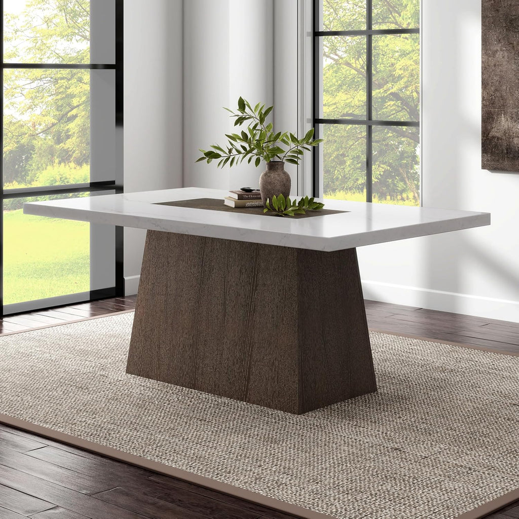 Rafferty Modern Solid Wood 70-inch Rectangle Dining Table with Genuine White Marble Tabletop and Tapered Pedestal