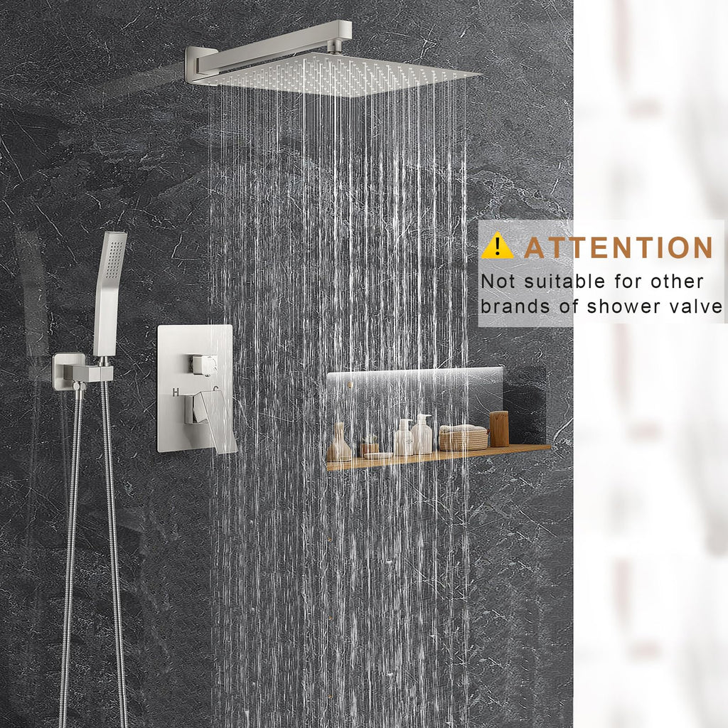 12 Inch Brushed Nickel Shower System, Wall Mounted High Pressure Rain Shower Head with Handheld Sprayer, Bathroom