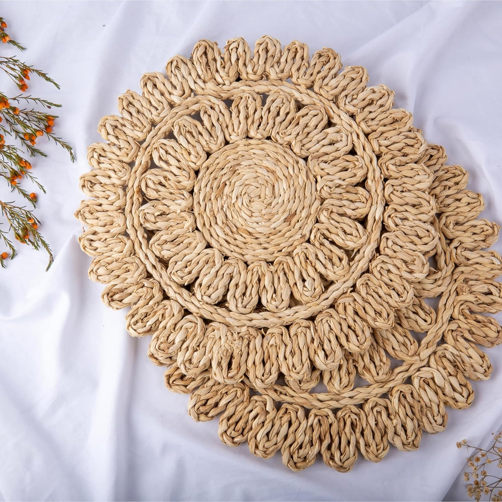 13.8" Corn Husk Woven Round Placemats Set of 6 - Wicker Boho Farmhouse Placemats - Rattan Table Mats for Dining