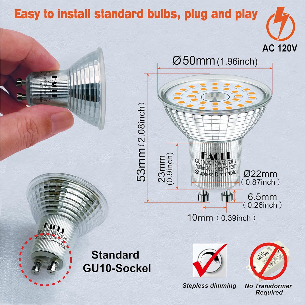 MR16 GU10 LED Bulb Dimmable, 3000K Warm White, 7W Equivalent 75W, 25,000 Hours Lifetime, Energy Efficient Soft White