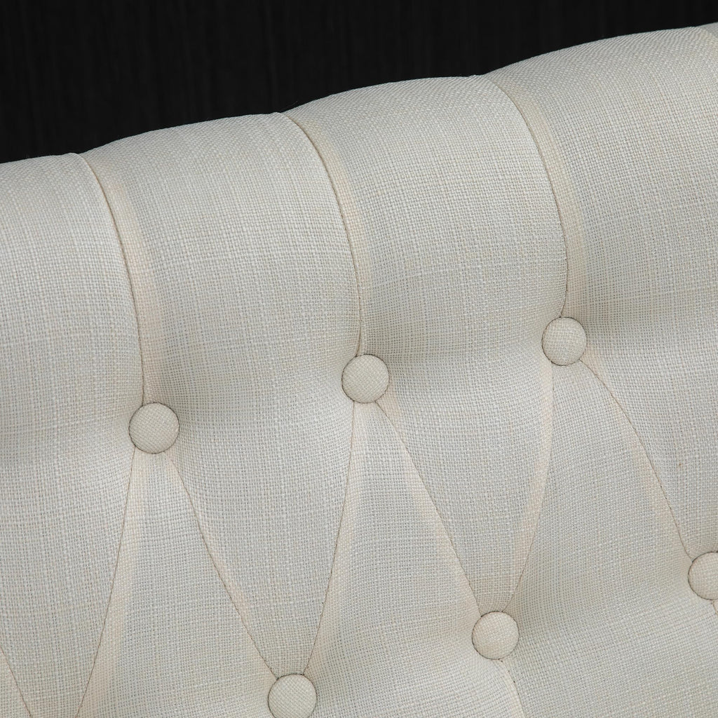 Fabric Loveseat with Wood Legs, Buton Tufted Settee, Cream White