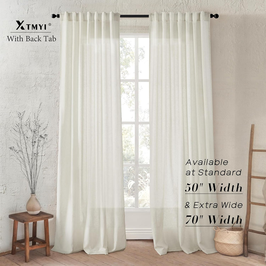 Linen Curtains 96 Inch Long 2 Panel Set, Cream Sheer Pleated Curtain, Modern Farmhouse Curtains for Dining Room