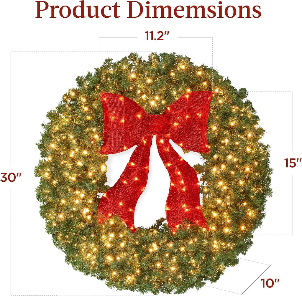 30in Large Artificial Pre-Lit Fir Christmas Wreath Holiday Accent Decoration for Door, Mantel w/Red Lighted Bow, 130