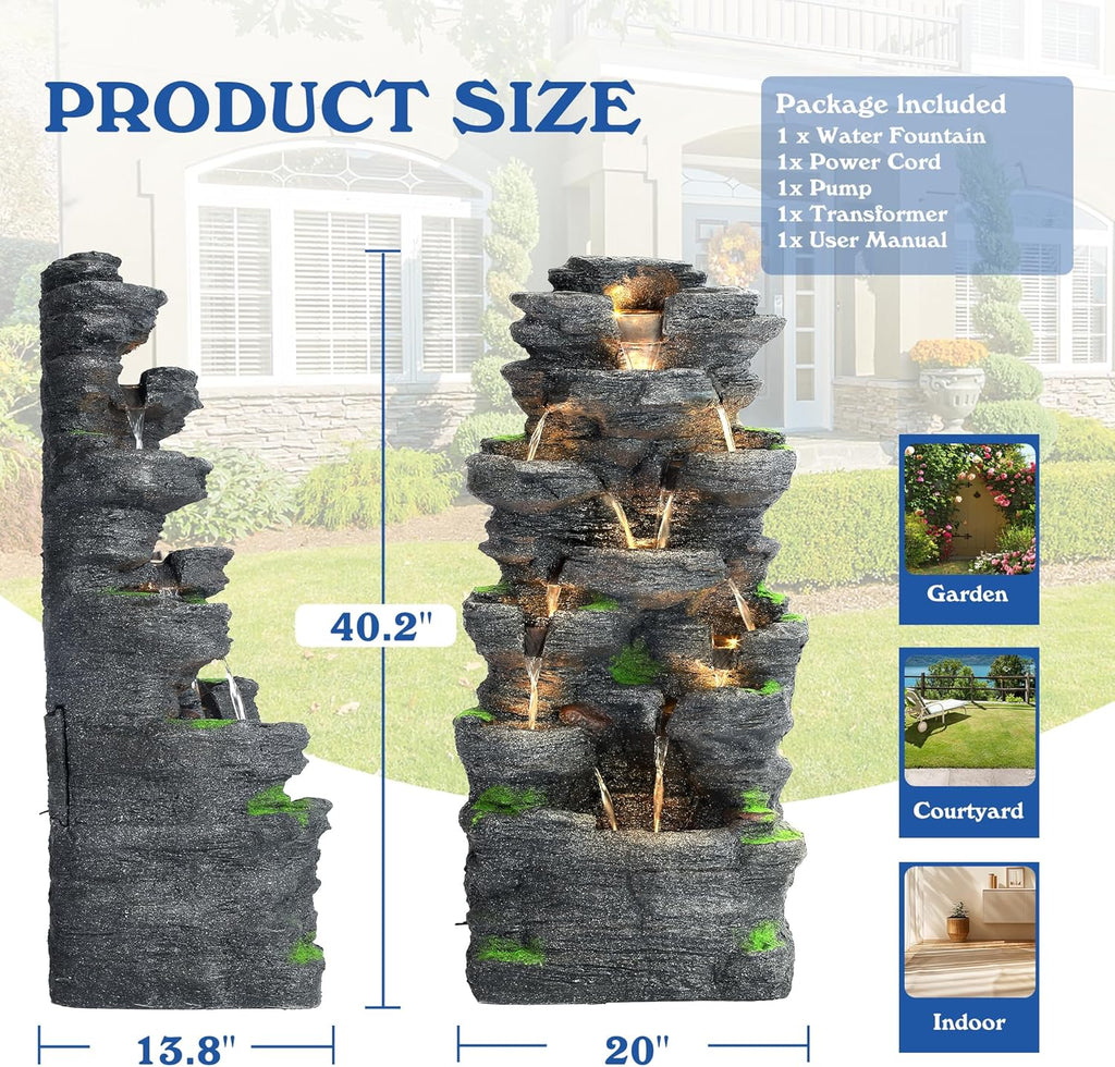40''H Outdoor Water Fountain - Garden Rock Waterfall Fountains